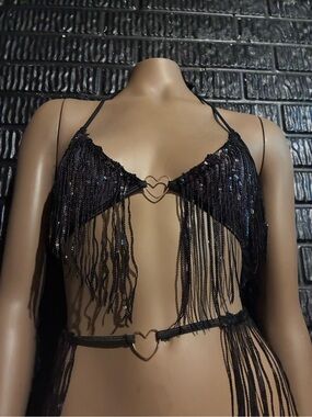 Fringe Sequin Heart-Accent Bralette Set - Black
